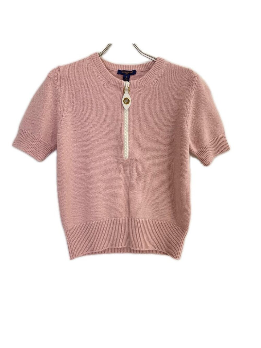 Louis Vuitton Pink Cashmere Wool LV Logo Half Zip Short Sleeve Knit Pullover